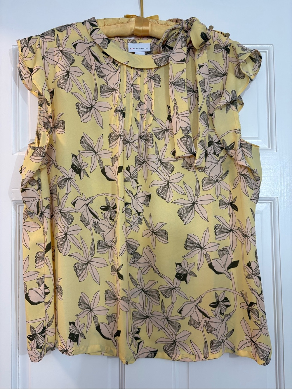 Liz Claiborne Yellow Floral Tie-Neck Ruffle Sleeve Blouse